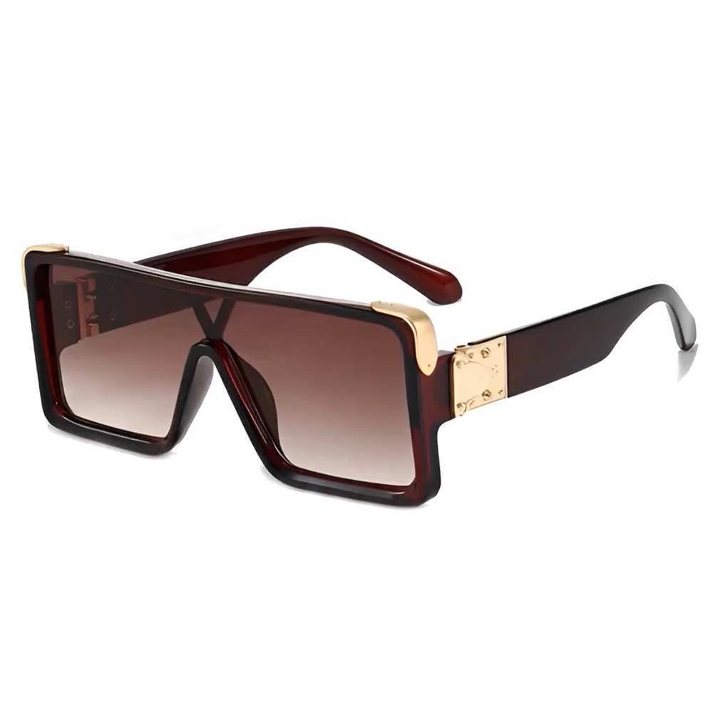Oversized Fashion Design Sunglasses Brown Gradient Gold Hardware Flat Top Women - Picture 3 of 12